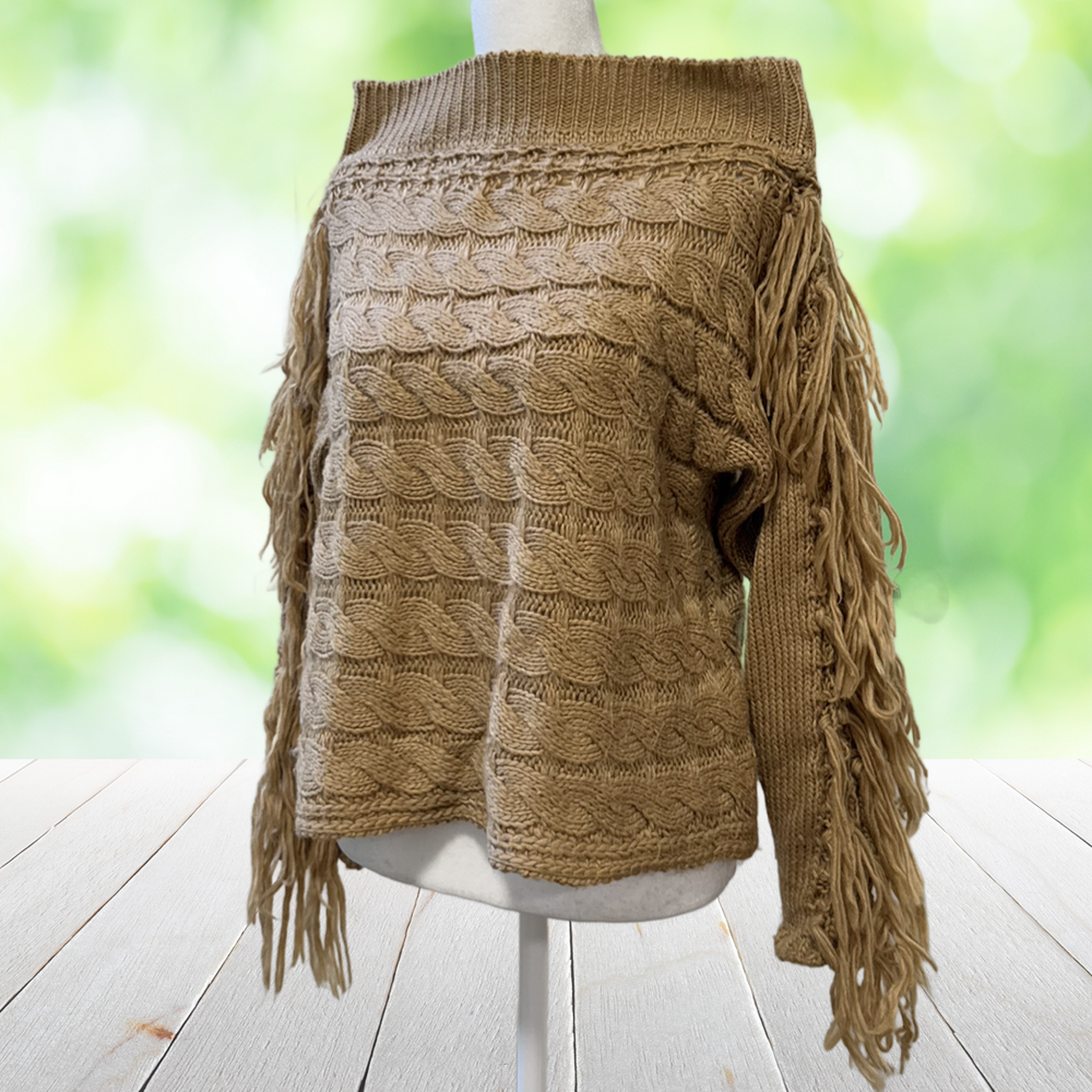 ANDTHEWHY Fringe Sweater Cable Knit Boat Neck Boho Western Tan Size M/L